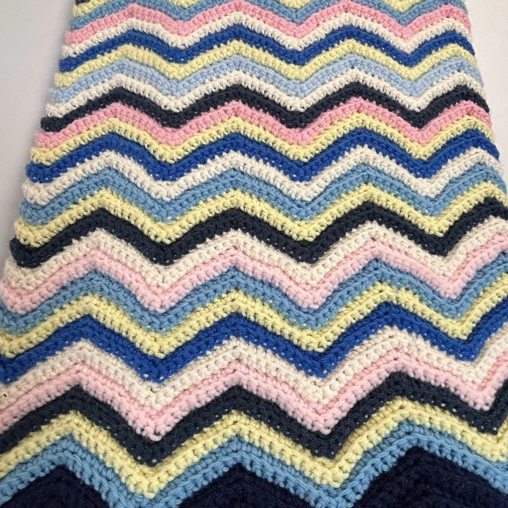 VTG Crocheted ‎ 70's Chevron Afghan Throw Blanket Blue Pink & Yellow 56